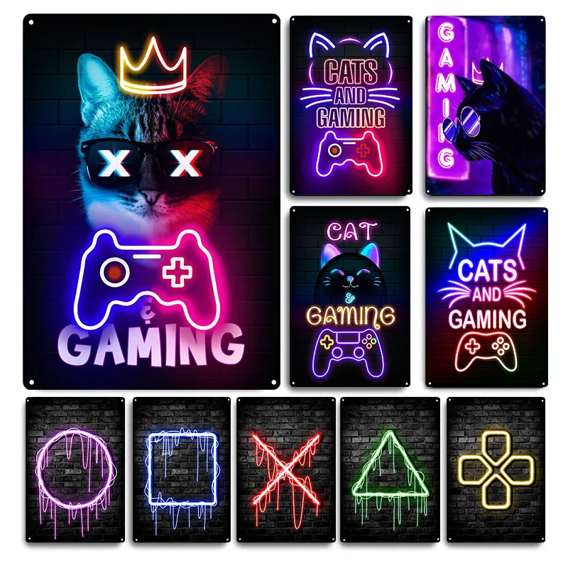 Retro Gaming Cafe - ゲーム猫のビンテージブリキの看板、ゲーマーの部屋の装飾、ぼろぼろのプレート、ゲーマープラーク、レトロなネオンゲーマー、ブリキのポスターゲームのズーム、バーとカフェ