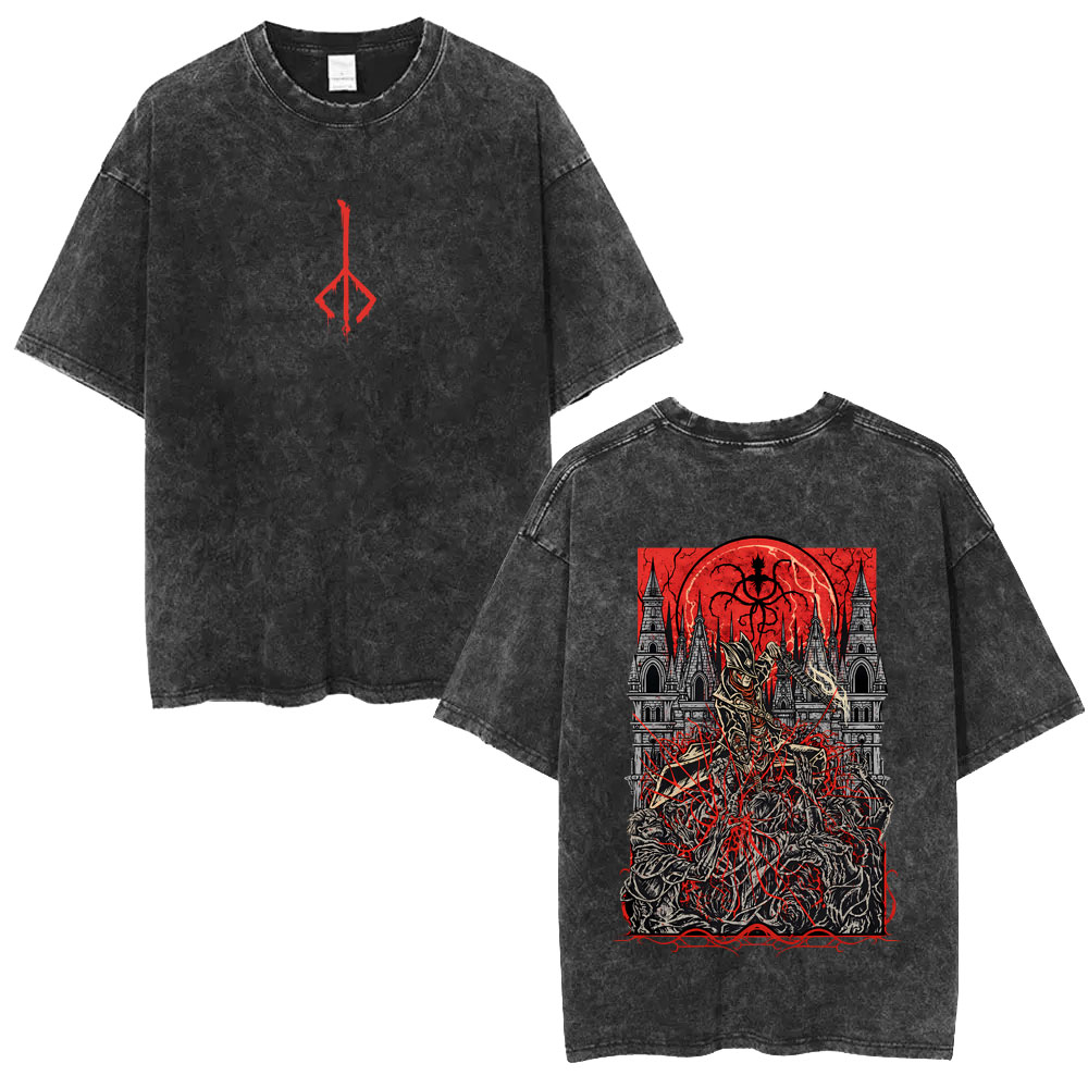Retro Gaming T Shirts - ウォッシュドヴィンテージゲームブラッドボーン恐怖ザオールドブラッド Tシャツ男性女性ゴシックロックオーバーサイズ Tシャツ高品質コットン Tシャツ