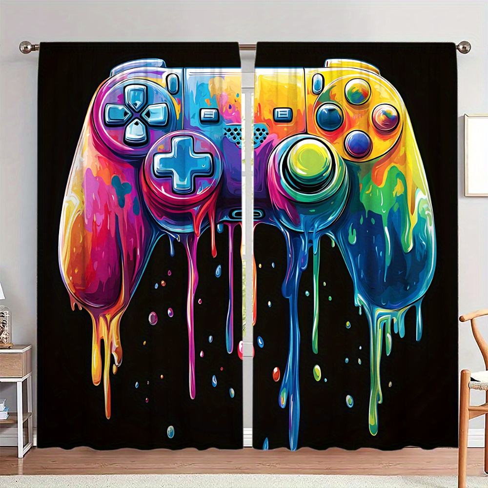 Retro Gaming Cafe - レトロゲームコントローラーカーテンポップアートカーテン黒背景オタクポップカルチャー部屋の装飾抽象的なビデオゲームカーテンパネル