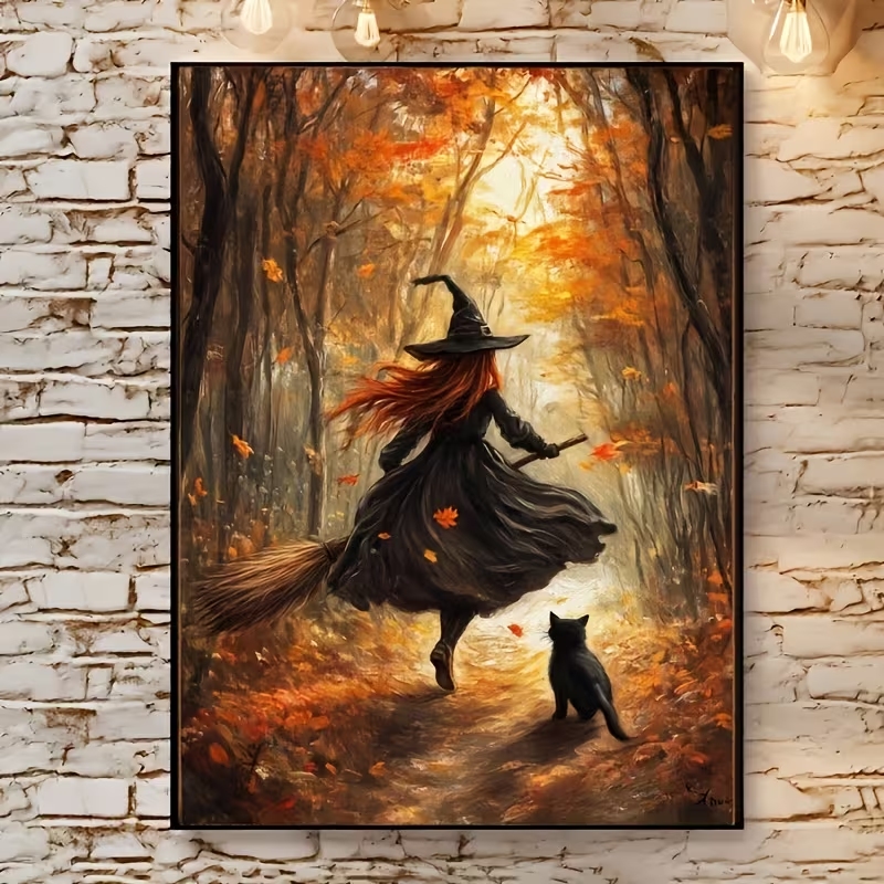 Retro Gaming Pictures - レトロなハロウィン秋の魔女がほうきに乗る壁アートプリントキャンバス絵画ポスター、リビングルーム、寝室の家の装飾に。