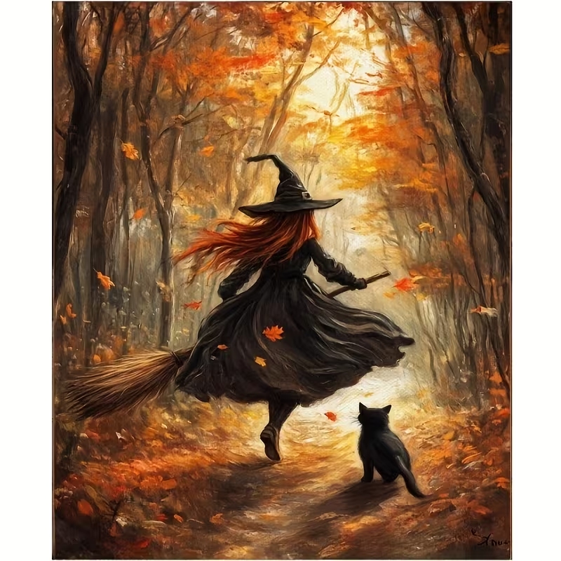 レトロなハロウィン秋の魔女がほうきに乗る壁アートプリントキャ - Retro Gaming Pictures のレビューと価格